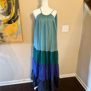 Vanessa Bruno Green and Blue Maxi Sundress Resort Wear 100% silk